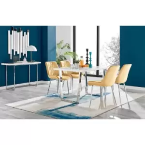 Furniture Box Kylo White High Gloss Dining Table and 4 Mustard Pesaro Silver Leg Chairs