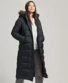 Superdry Womens Faux Fur Hooded Longline Puffer Black / Jet Black - Size: 10