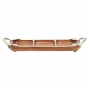 Interiors By Ph Serving Dish, 3 Section, Acacia Wood, Aluminium Leaf Handles