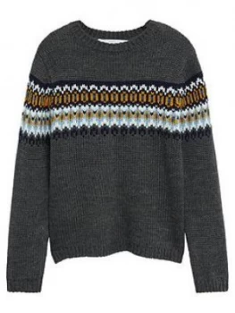 Mango Boys Fairisle Knitted Jumper - Charcoal, Size Age: 13-14 Years