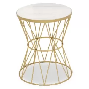 Round Side Table with White Marble Top and Gold Wire Frame