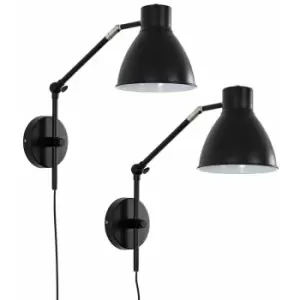 Minisun - 2 x Black Stem Wall Light Fittings + Adjustable Shade, Plug, Cable & Switch - No Bulbs