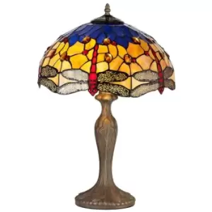 Luminosa Lighting - 2 Light Curved Table Lamp E27 With 40cm Tiffany Shade, Blue, Orange, Crystal, Aged Antique Brass