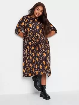 Yours Gingerbread Heart Smock Dress, Black, Size 16, Women