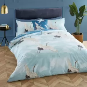 Cranes Reversible Easy Care Duvet Cover Set, Duck Egg, King - Catherine Lansfield