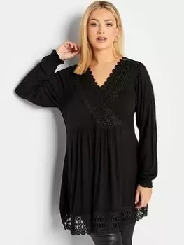 Yours Long Sleeve Crochet Trim Tunic - Black, Size 20, Women