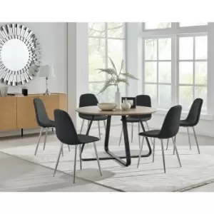 Santorini Brown Round Dining Table And 6 Black Corona Faux Leather Dining Chairs with Silver Legs Diamond Stitch - Black