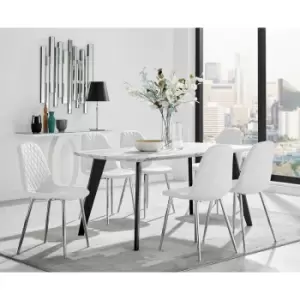 Furniturebox UK - Andria Black Leg Marble Effect Dining Table and 6 White Corona Faux Leather Dining Chairs with Silver Legs Diamond Stitch - White