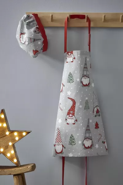 Catherine Lansfield Kitchen Christmas Gnomes Kids 48x55cm Apron & Hat Set , 20x24cm Grey Red