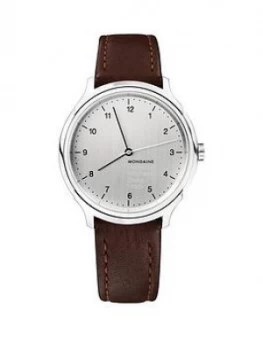 Mondaine Mondaine Swiss Made Helvetica No1 Regular Silver Sapphire Glass Hand-Winder Dial Polished Stainless Steel 40Mm Case Brown Leather Strap Watch