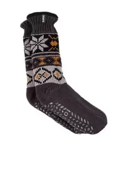 TOTES Mens Fair Isle Slipper Socks with Sherpa Lining, Charcoal, Men