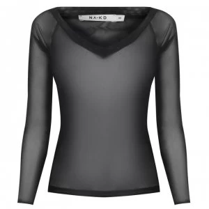 NA-KD Mesh V-Neck Top - Black