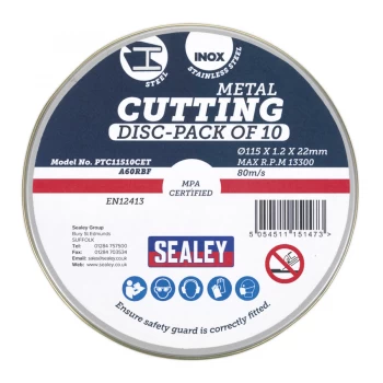 Sealey PTC11510CET Cutting Disc 115 x 1.2mm 22mm Bore Pack of 10