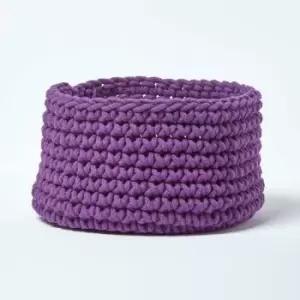 Homescapes - Deep Purple Cotton Knitted Round Storage Basket, 37 x 21cm - Purple