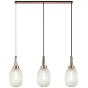 Luminosa Acree Linear 3 Light Ceiling Pendant E27 With 20cm Almond Ribbed Glass, Champagne Copper, Matt Black