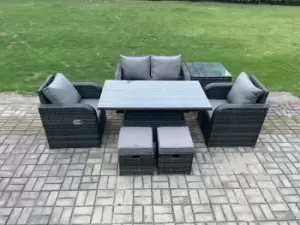 Fimous 4 Seater Outdoor Dark Grey Rattan Lounge Sofa Complete Set with Dining Table, Side Table and 2 Stools