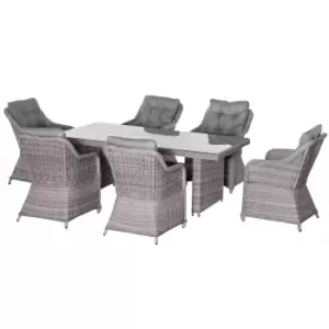 Outsunny 7 PCS Outdoor PE Rattan Dining Table Set, Patio Wicker Aluminium Chair Furniture w/ Tempered Glass Table Top, Grey