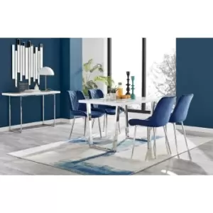 Kylo White High Gloss Dining Table & 4 Navy Pesaro Silver Leg Chairs