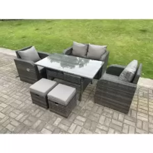 Fimous 4 Seater Outdoor Dark Grey Rattan Lounge Complete Sofa Set with Rectangular Dining Table, Reclining Chairs and 2 Stools