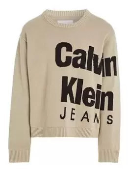 Calvin Klein Jeans Boys Blown-Up Logo Layers Sweater - Plaza Taupe, Beige, Size Age: 14 Years