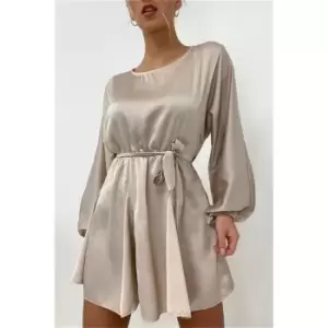 I Saw It First Champagne Petite Satin Belted Blouson Sleeve Skater Dress - Nude