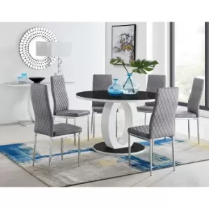 Furniturebox UK - Furniturebox Giovani Black 120cm Round Dining Table and 6 Grey Velvet Milan Dining Chairs With Silver Legs