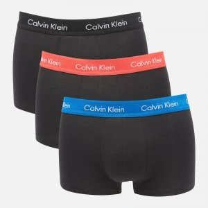 Calvin Klein Mens Cotton Stretch Low Rise 3 Pack Trunks with Contrast Waistband - B-Blue/Strawberry Field/Black - XL