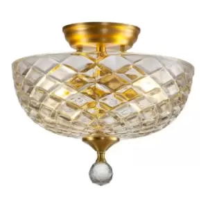 Luminosa Talisa 2 Light Semi Flush Ceiling Lamp E27 With Flat Round 30cm Patterned Glass Shade Satin Gold, Clear