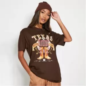 I Saw It First Texas Rodeo Graphic Print Oversized T Shirt - Brown