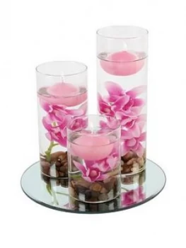 Set Of 3 Floating Candles With Vases And Pink Flowers