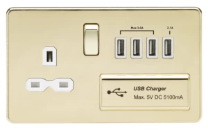 KnightsBridge 13A 2G Screwless Polished Brass 1G Switched Socket with Quad 5V USB Charger Ports - White Insert