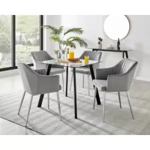 Furniturebox UK - Furniturebox Seattle Glass and Black Metal Leg Square Dining Modern Industrial Dining Table & 4 Grey Calla Silver Leg Velvet Chairs