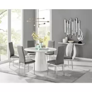 Furniturebox Palma White High Gloss 6 Seat Minimalist Post Modern Round Dining Table & 6 Grey Milan Chrome Leg Faux Leather Chairs