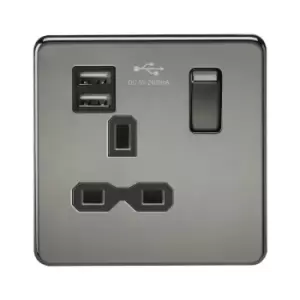 Screwless 13A 1G switched socket with dual usb charger (2.4A) - Black nickel with Black insert - Knightsbridge