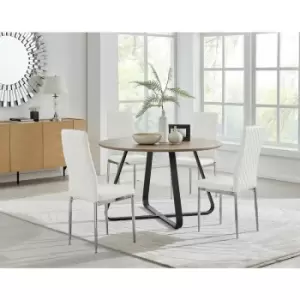 Santorini Brown Wood Contemporary Round Dining Table And 4 White Milan Chairs Set - White