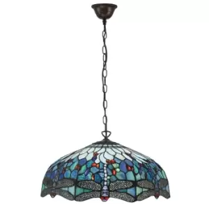 Dragonfly Tiffany 3 Light Large Ceiling Pendant Bronze, Blue