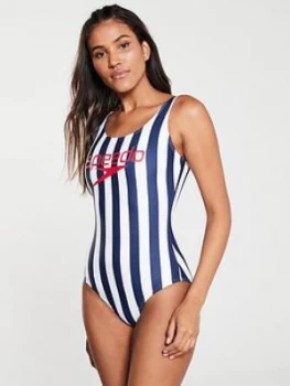 Speedo Ice Cream Stripe Swimsuit - Navy/White, Size 28, Women