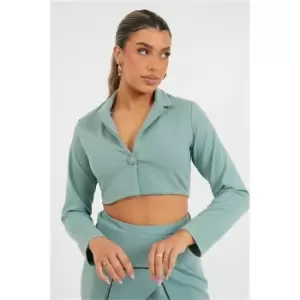 I Saw It First Sage Co-Ord Jersey Cropped Button Detail Blazer - Green