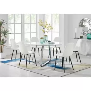 Furniture Box Santorini White Round Dining Table and 6 White Corona Black Leg Chairs