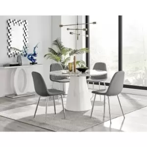 Furniturebox Palma White Marble Effect 120cm Round Minimalist Dining Table & 4 Grey Corona Faux Leather Dining Chairs with Silver Legs Diamond Stitch