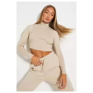 I Saw It First Cotton Rib Roll Neck Crop Top - Brown