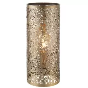 Pattern Table Lamp Light Aged Brass Floral Bird Metal Cylindrical Shade Modern