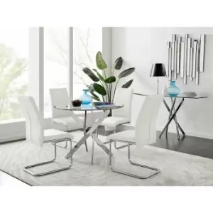 Novara Chrome Metal Round Glass Dining Table And 4 White Lorenzo Dining Chairs - White