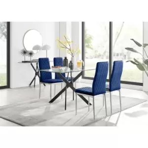 Furniturebox UK - Furniturebox Leonardo 4 Black Leg Glass Dining Table and 4 Navy Milan Velvet Dining Chairs Diamond Stitch Modern Contemporary