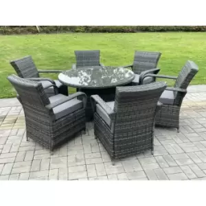 Fimous 6 Seater Outdoor Dark Grey Rattan Lounge Complete Dining Table Set with Curved Arm Chairs and Big Round Table