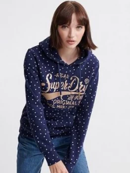 Superdry Real Originals Dot All Over Print Hoodie - Navy, Size 8, Women