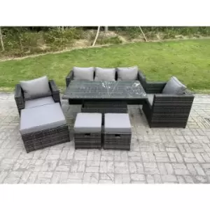 Fimous 5 Seater Outdoor Dark Grey Mixed Rattan Lounge Complete Sofa Set with Adjustable Dining Table, 2 Stools and Big Footstool