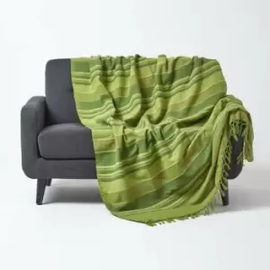 Cotton Morocco Striped Green Throw, 225 x 255cm - Green - Homescapes