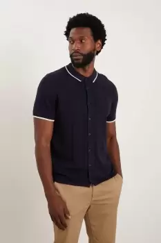 Slim Fit Navy Tipped Button Through Knitted Polo