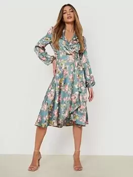 Boohoo Floral Wrap Belted Midi Dress - Teal, Blue, Size 12, Women